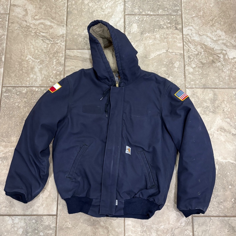 Carhartt FR Flame Resistant Hooded Jacket Navy‎ Blue USA Made Texas Patch Mens M
